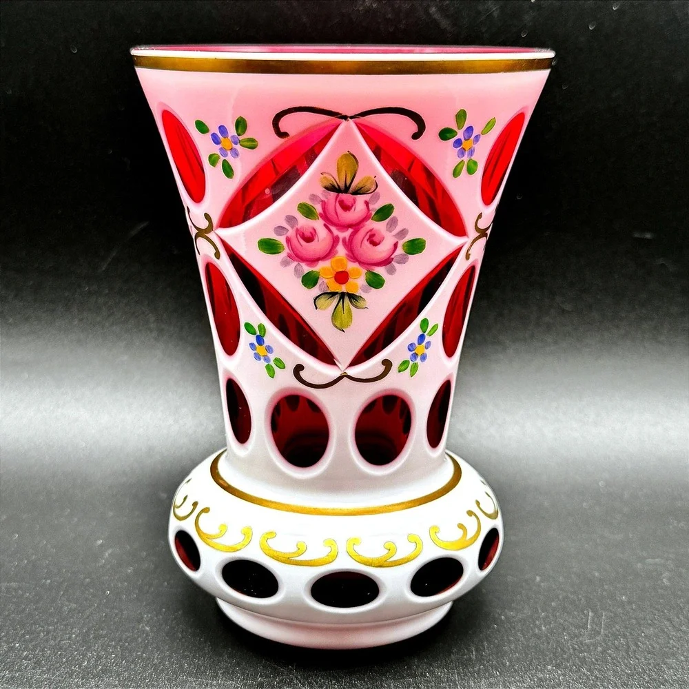 Vintage Bohemian Czech Ruby Cut to Clear White Overlay Floral Glass Vase 6